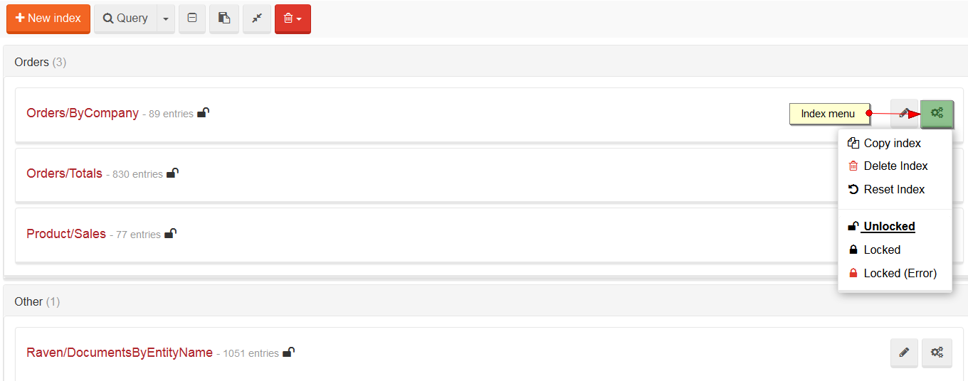 Figure 4. Studio. Indexes View. Menu.