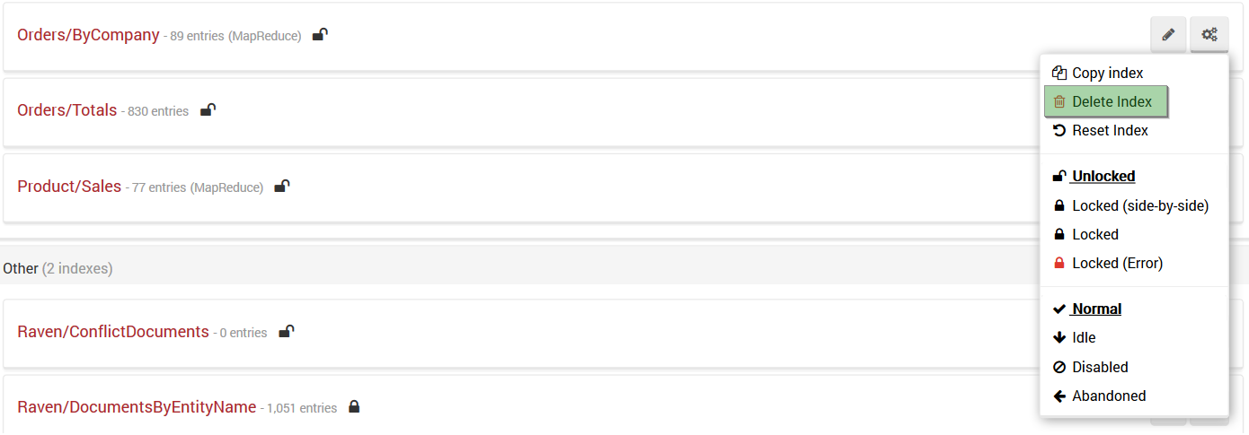 Figure 7. Studio. Indexes View. Menu. Deleting