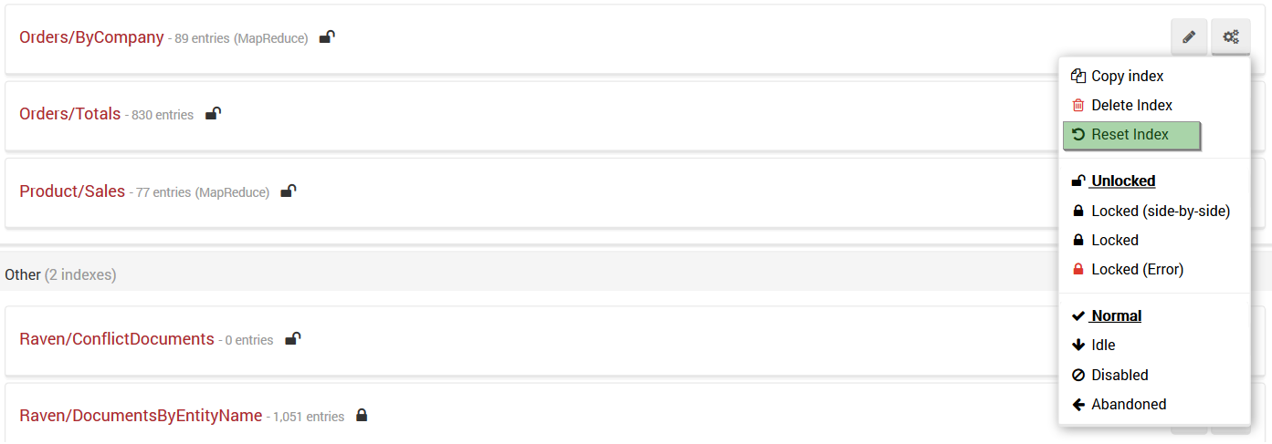 Figure 6. Studio. Indexes View. Menu. Resetting