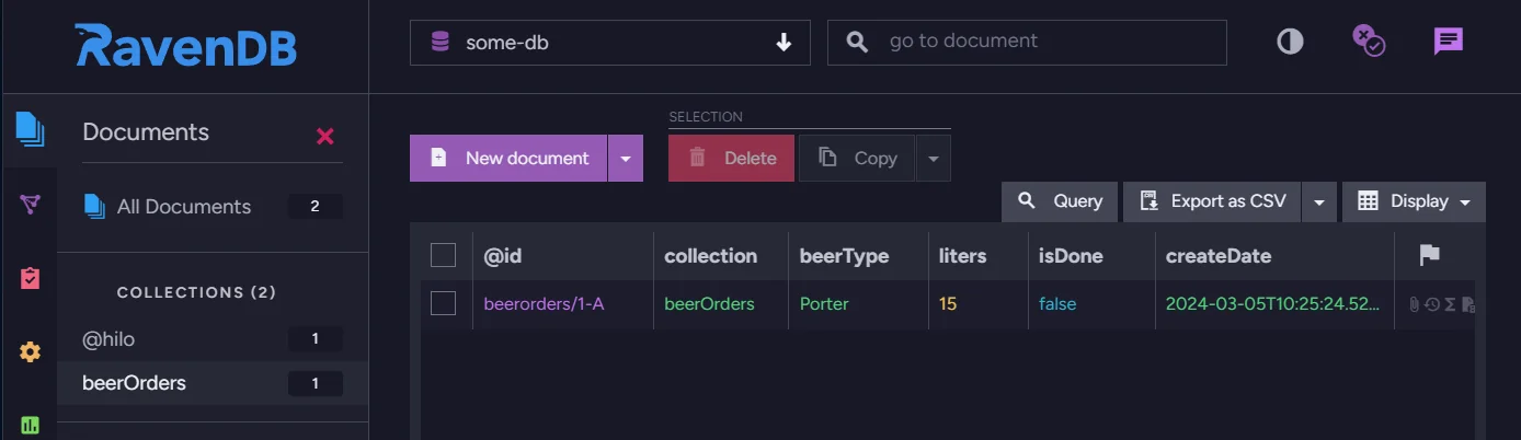 RavenDB Studio Documents view showing the beerOrders collection with a Porter document containing beerType, liters, isDone, and createDate fields