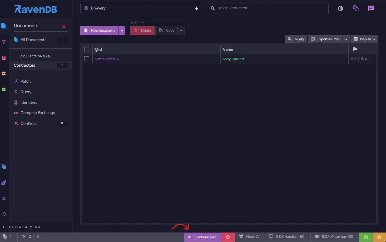 RavenDB Studio opened during test debugging with the Continue test button visible in the bottom bar