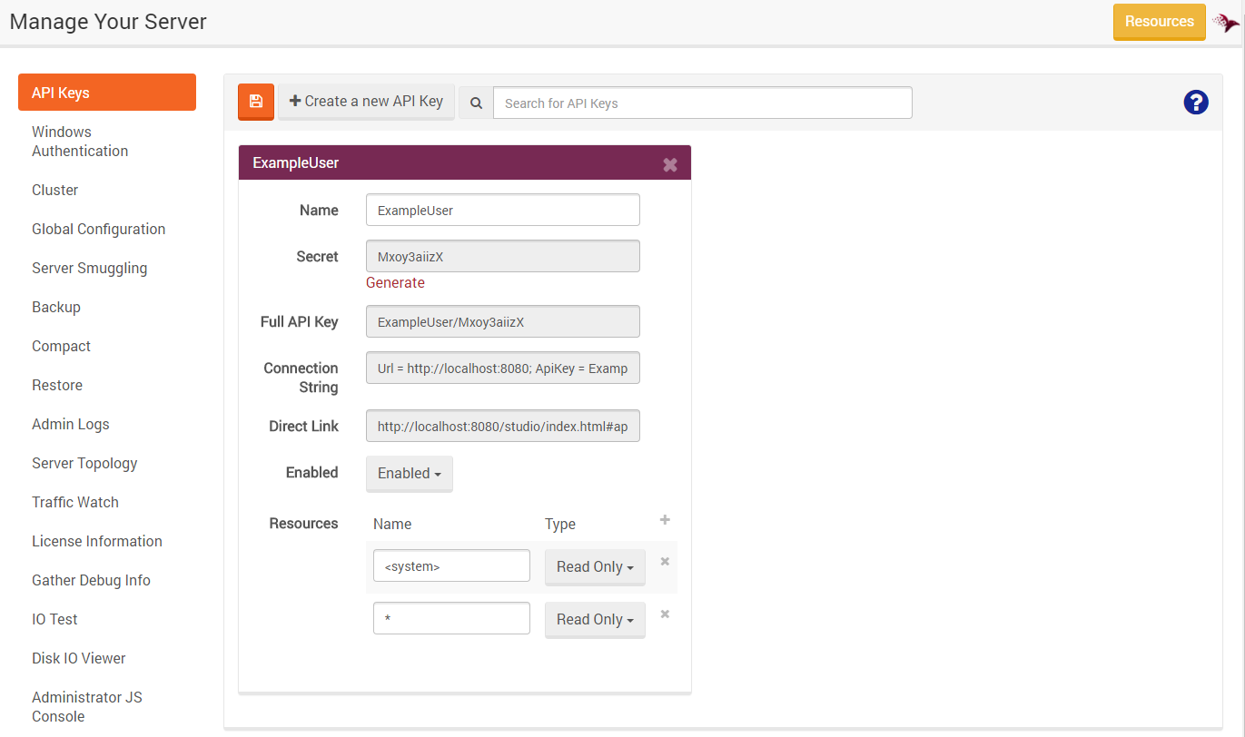 Figure 1. Manage Your Server. API Keys.