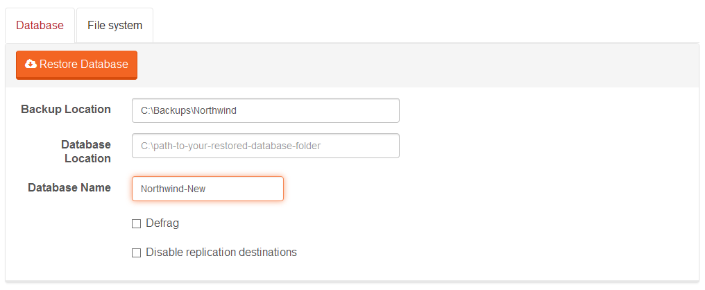 Figure 2. Manage Your Server. Restore Database.