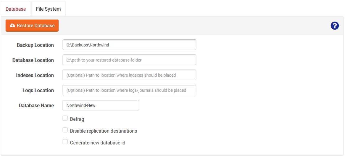 Figure 2. Manage Your Server. Restore Database.