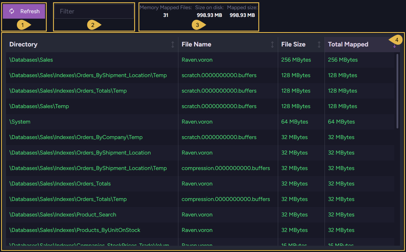 The Memory Mapped Files tab