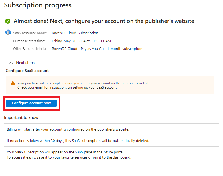 &quot;Figure 5 - RavenDB Cloud subscription panel - redirect to the RavenDB Cloud page&quot;