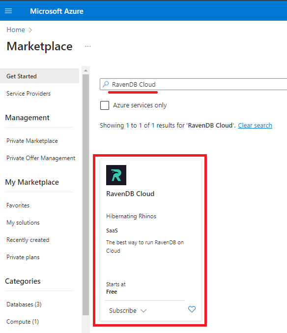 &quot;Figure 1 - RavenDB Cloud offer in Microsoft Azure Marketplace&quot;