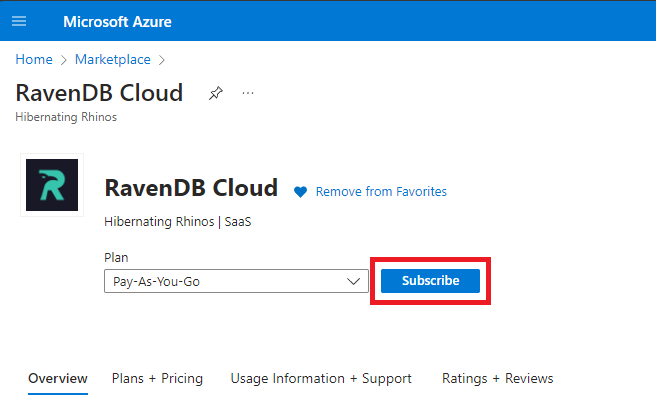 &quot;Figure 2 - Main page of the RavenDB Cloud offer in Microsoft Azure Marketplace&quot;
