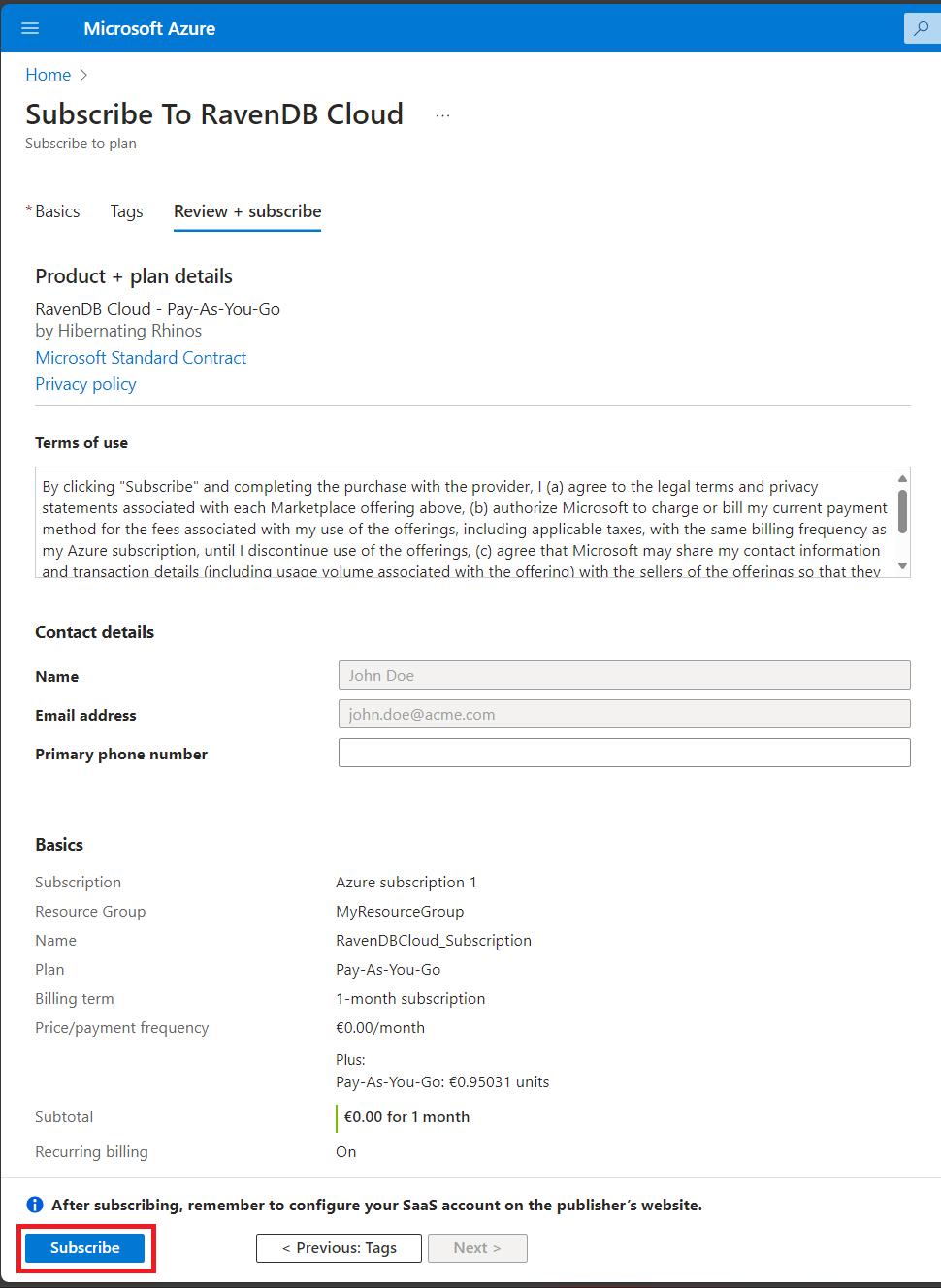 &quot;Figure 4 - RavenDB Cloud subscription configuration panel - summary&quot;