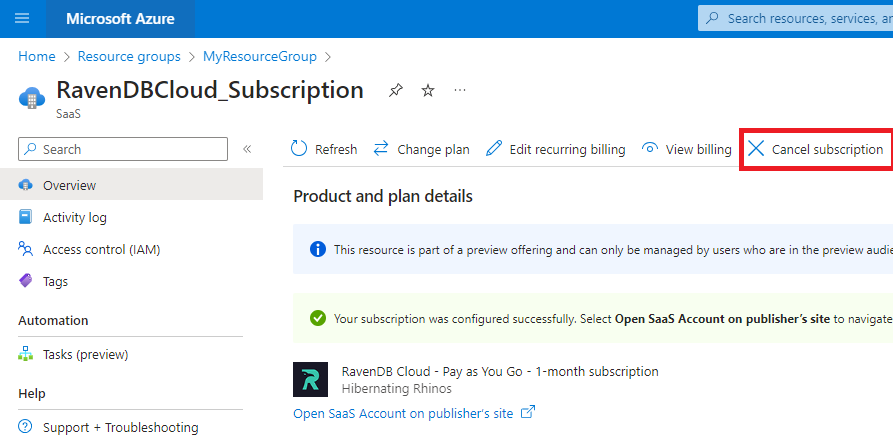 &quot;Figure 8 - RavenDB Cloud subscription panel - cancel the subscription&quot;