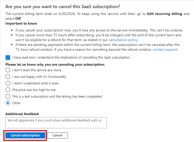 &quot;Figure 9 - RavenDB Cloud subscription panel - subscription cancellation form&quot;