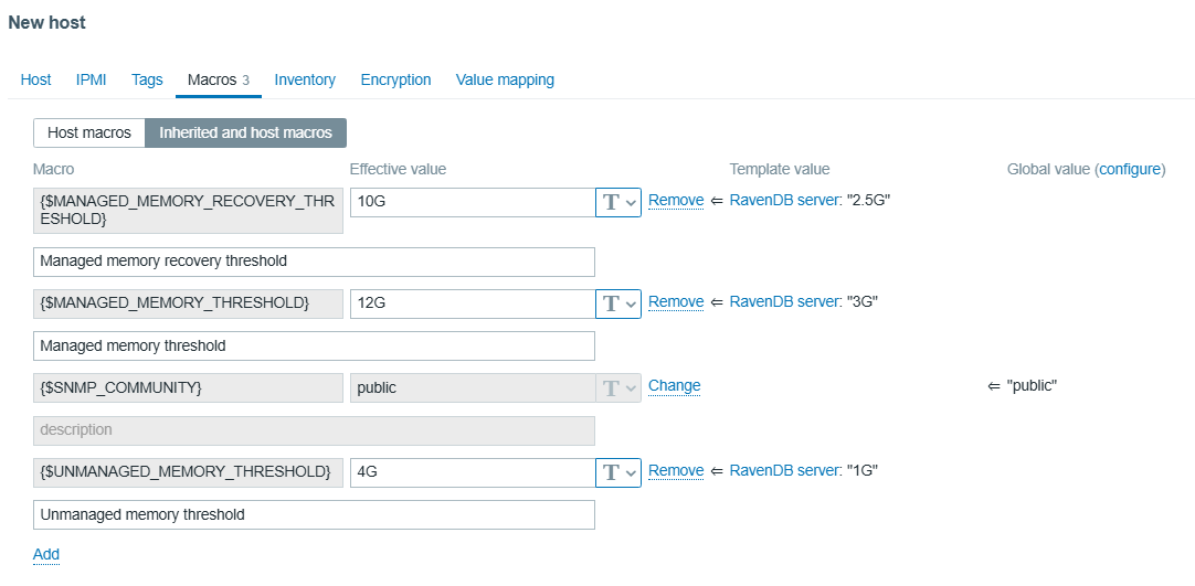 Host macros tab with the three thresholds overridden