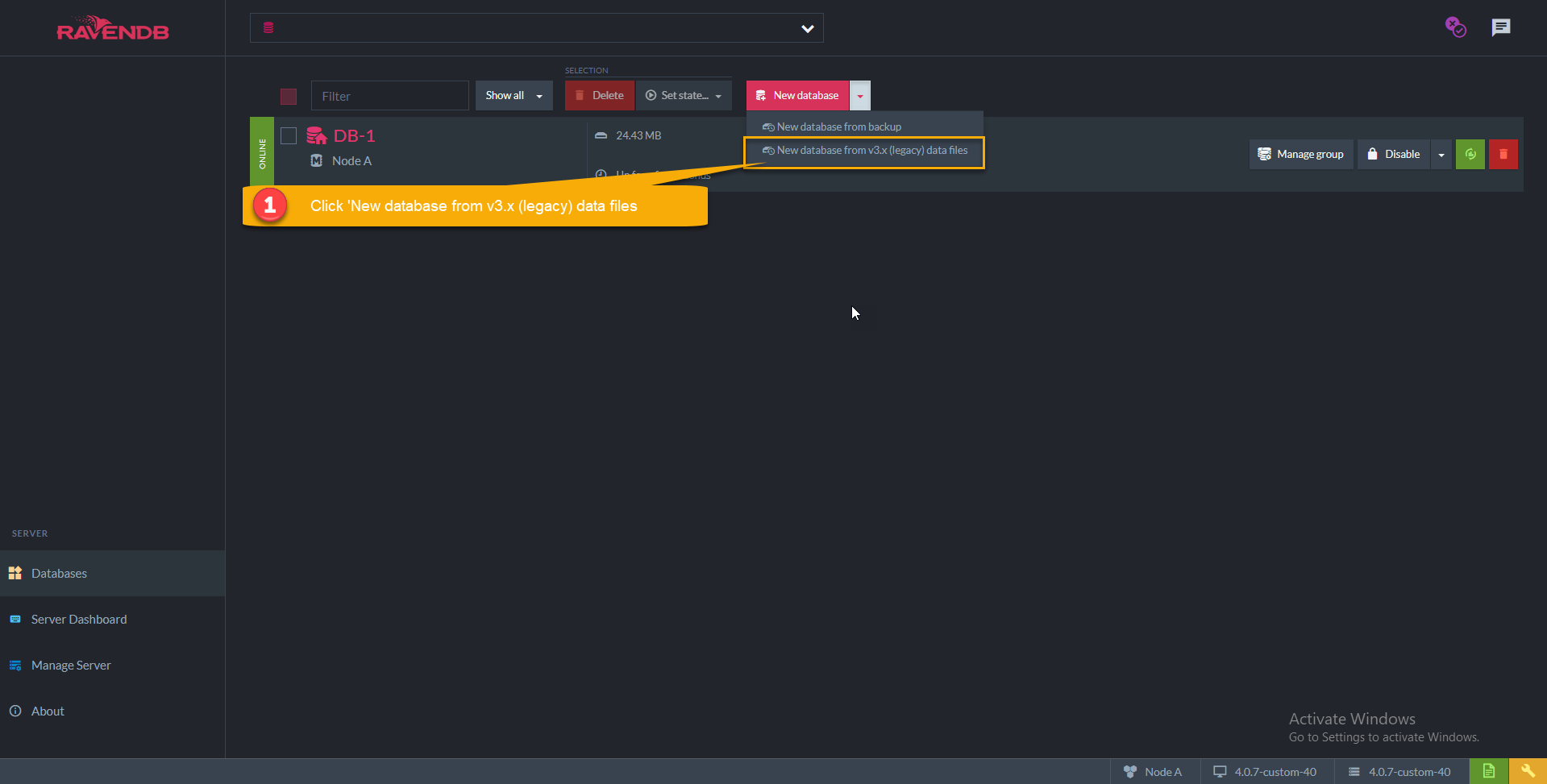 Figure 1. Create New Database From Legacy Files
