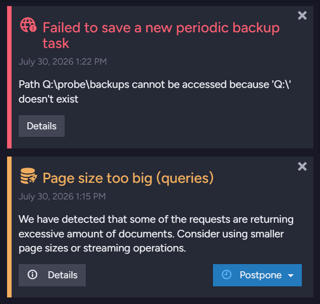 A server-wide notification above a database notification