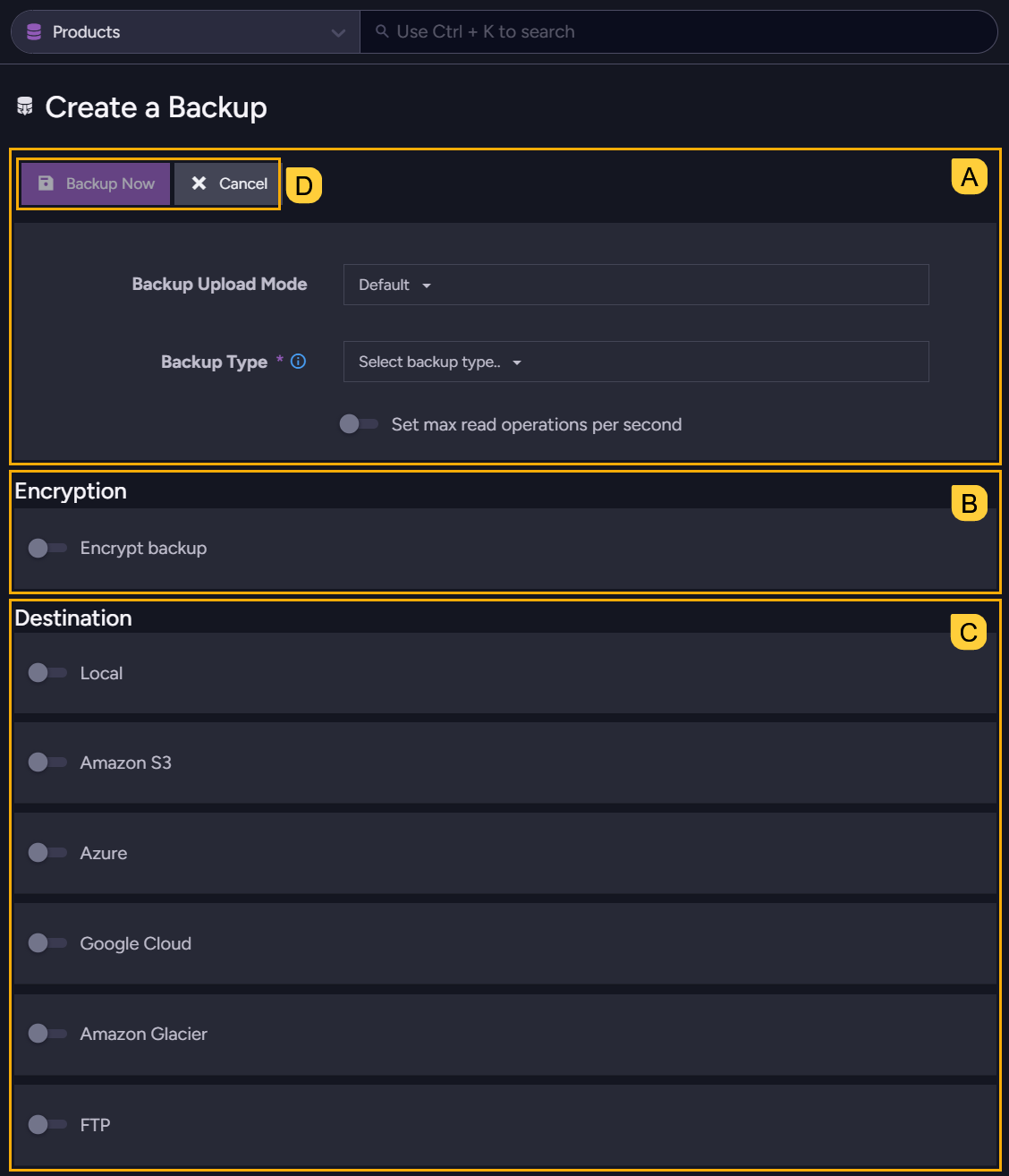 Define and run backup operation