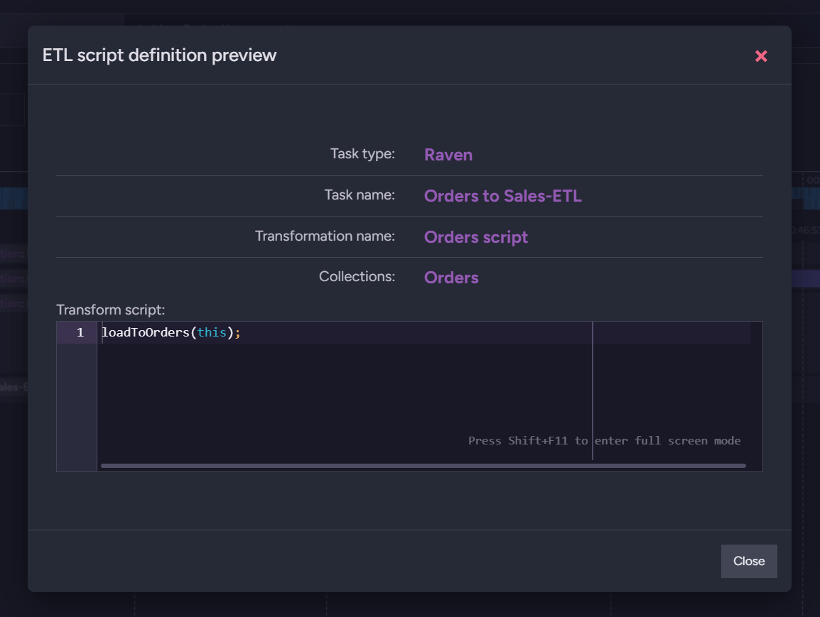 The preview of an ETL transformation script