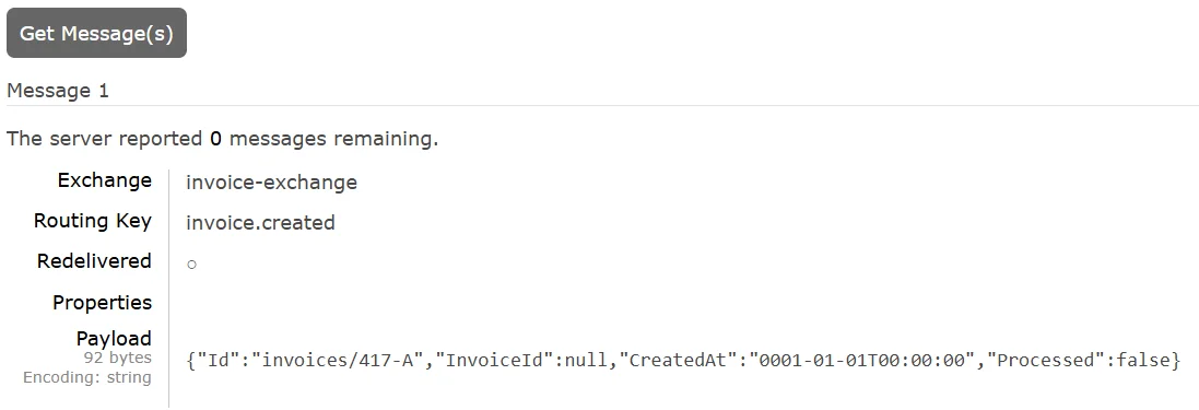 RabbitMQ management GUI showing the invoice-created queue with queued messages
