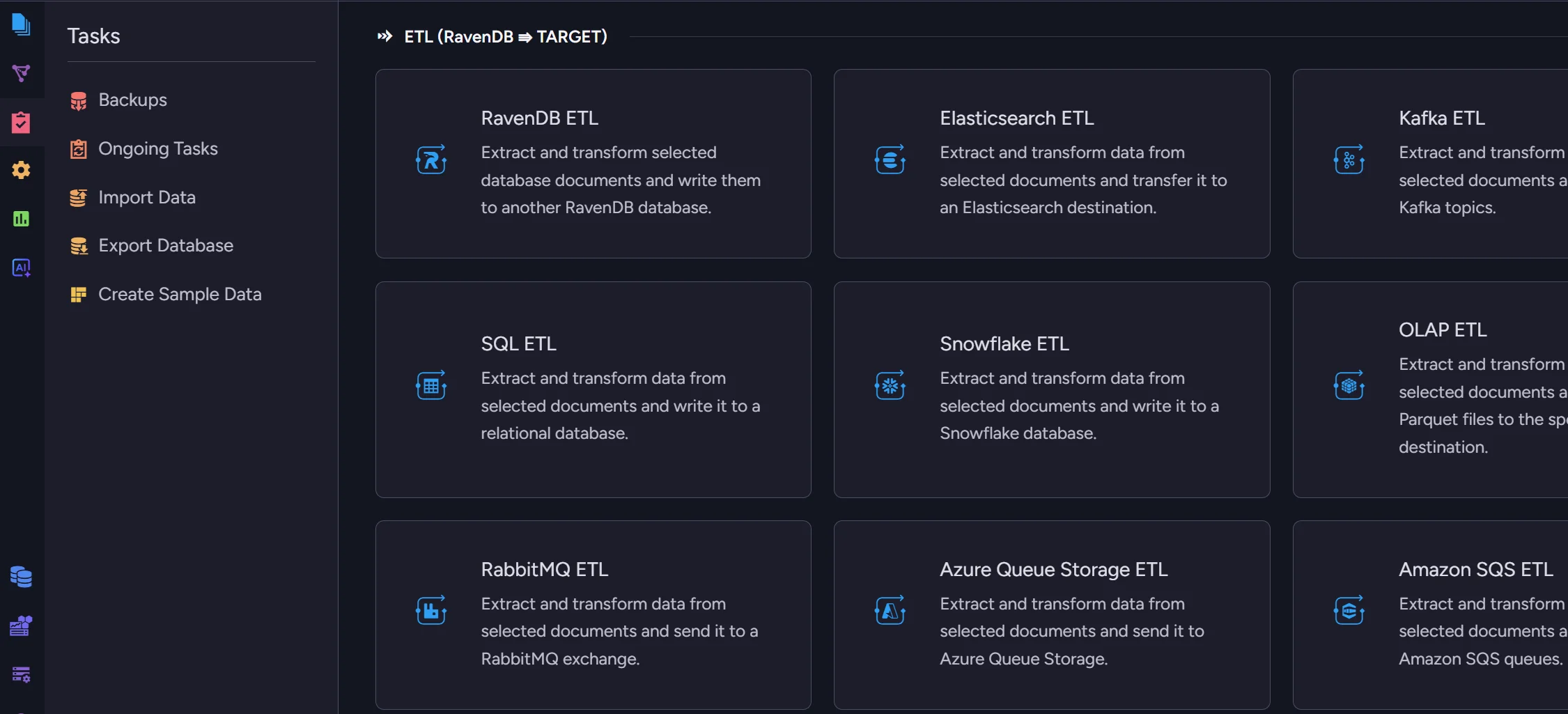 RavenDB Studio Ongoing Tasks panel showing available ETL task types including RabbitMQ and Kafka