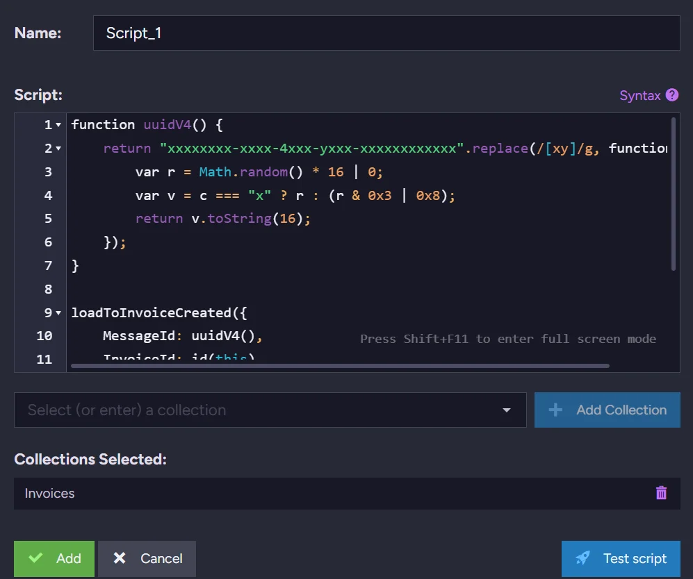 RavenDB Studio ETL transformation script editor showing the loadToInvoiceCreated function with Invoices collection selected