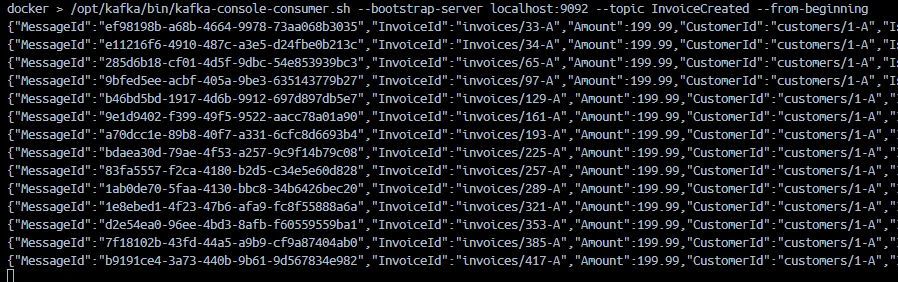 Kafka terminal output confirming invoice-created events published via RavenDB Queue ETL