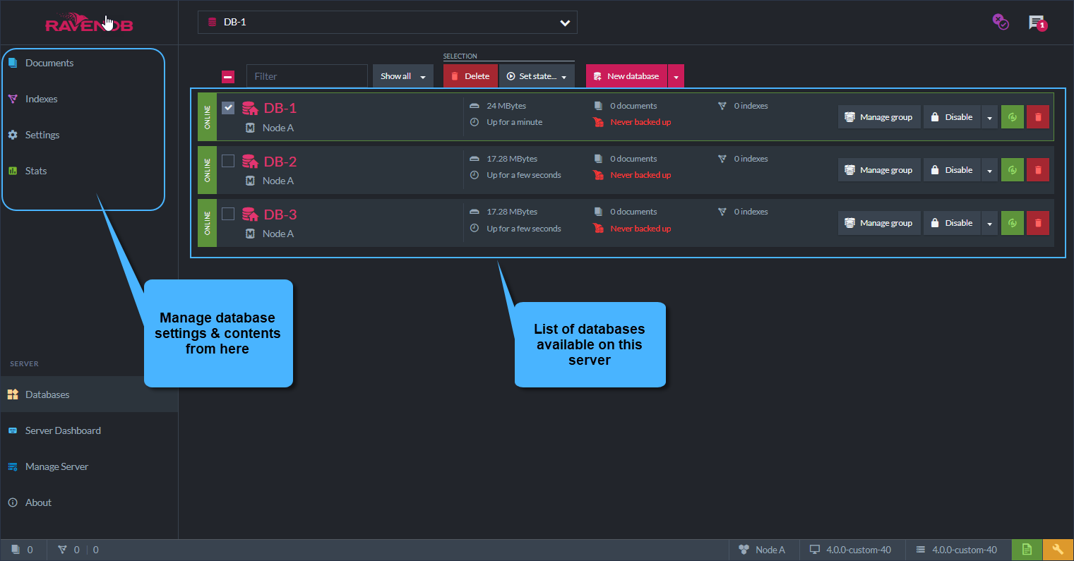 Figure 2. Studio overview - Manage databases
