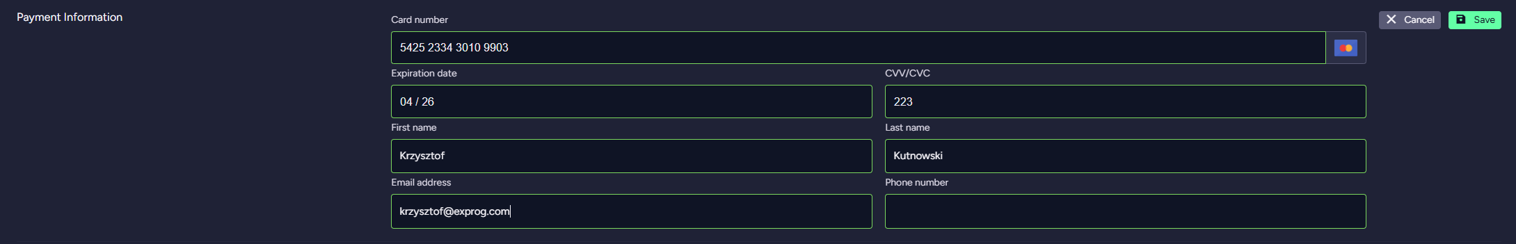 Account Tab - Edit payment information