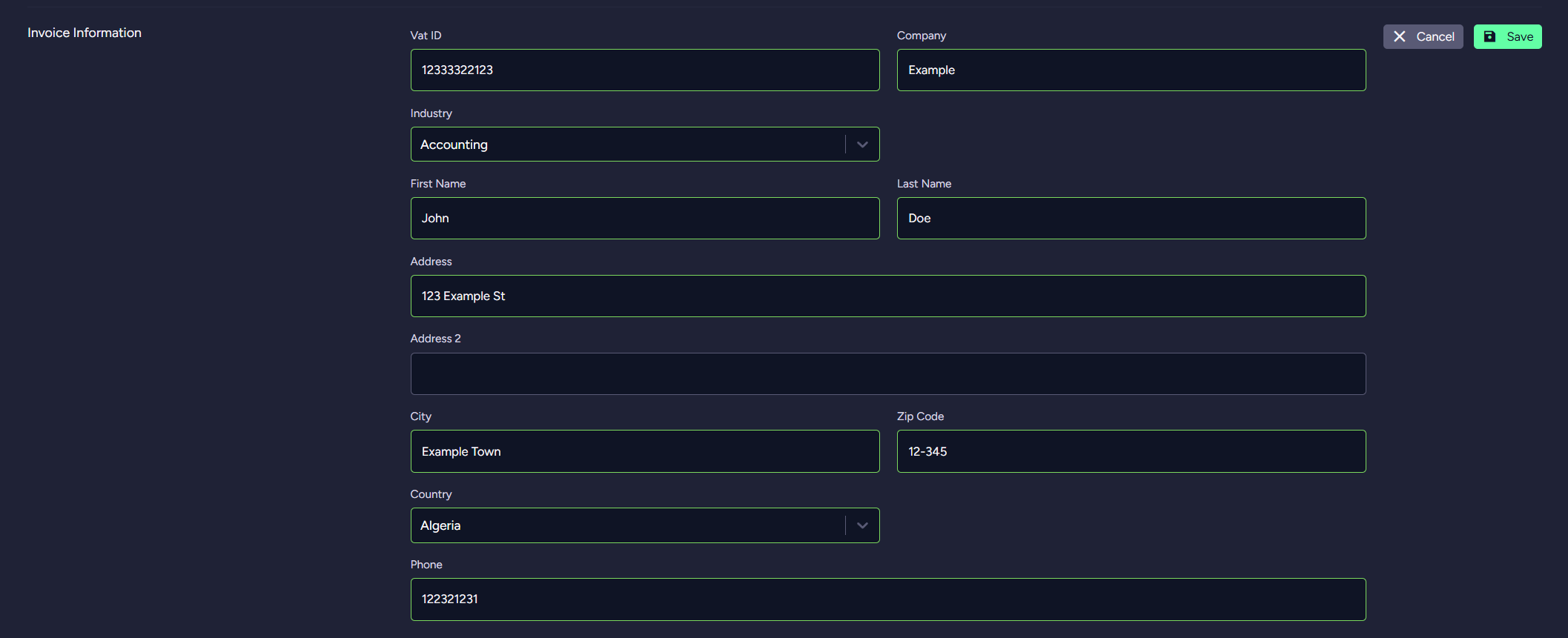 "Account Tab - Edit invoice information"