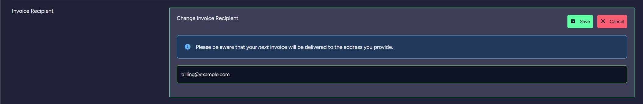 "Account Tab - Edit invoice recipient"