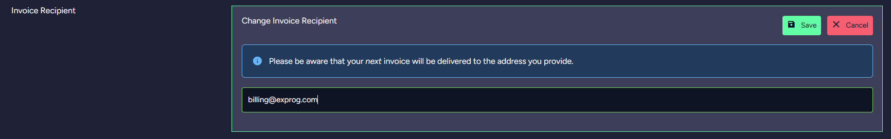 "Account Tab - Edit invoice recipient"