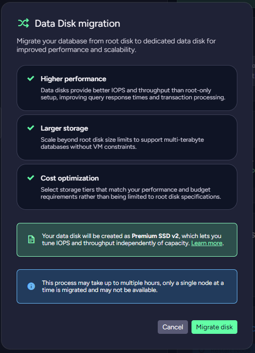"Figure - Migrate to data disk modal showing Premium SSD v2 information"