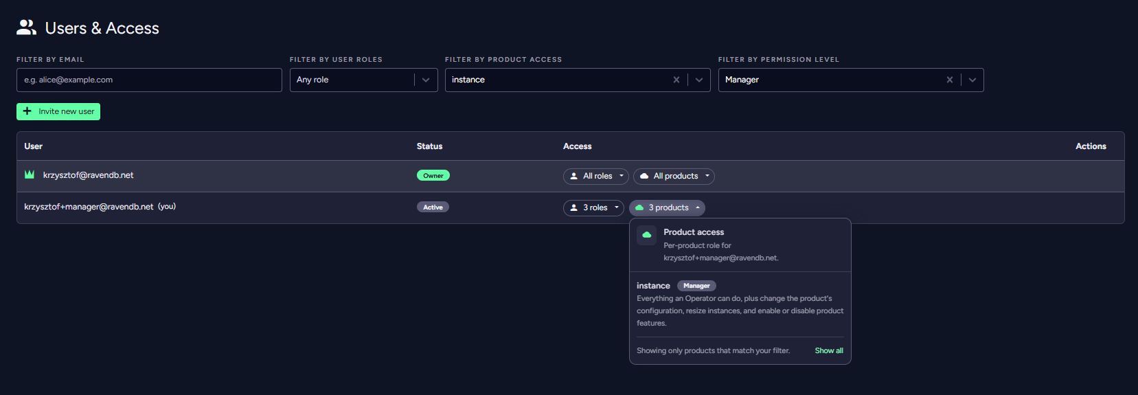 Users &amp; Access - Users list with the product-access chip expanded