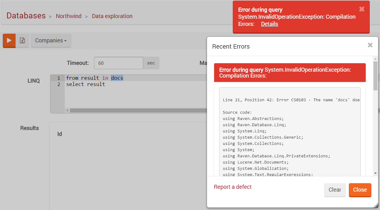 Figure 4. Studio. Data Exploration View. Compilation Error
