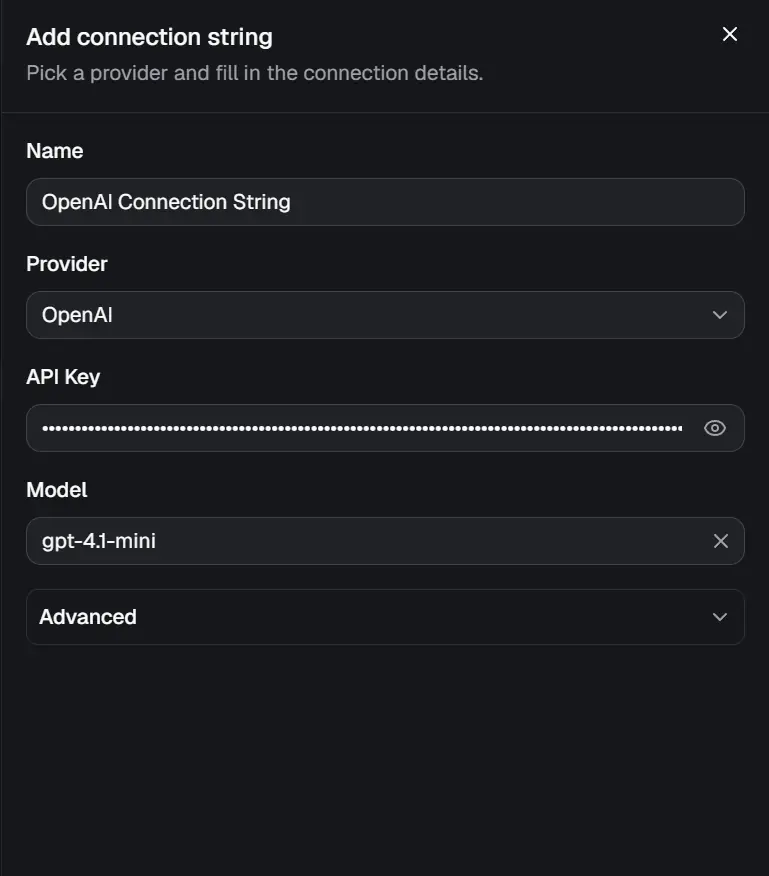 Add AI model connection string dialog