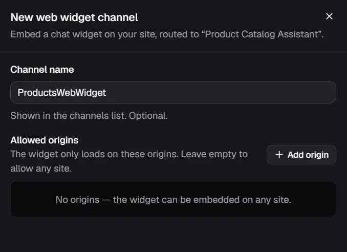Create web widget channel form with channel name and allowed origins