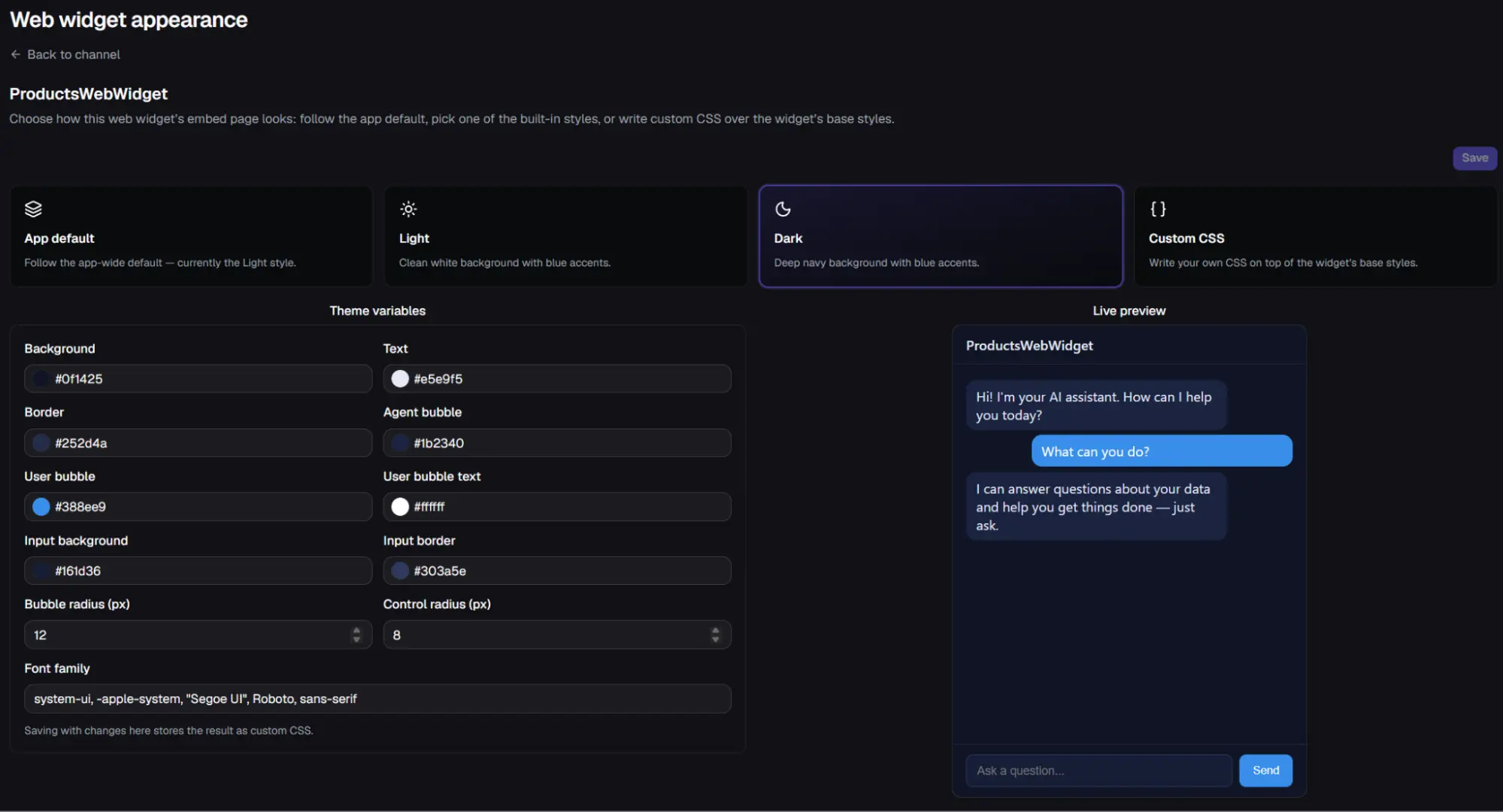 Customize widget appearance panel with theme variables and live preview