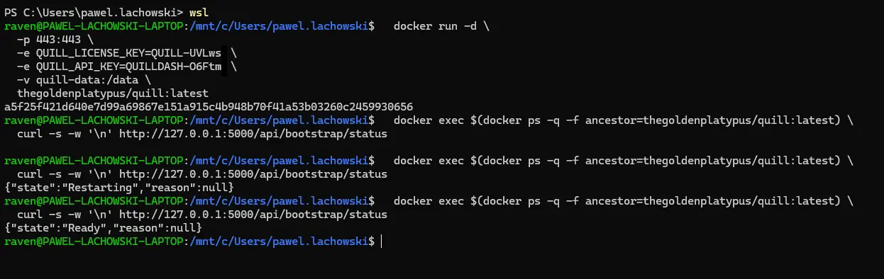 Terminal showing the Quill bootstrap status walking to Ready