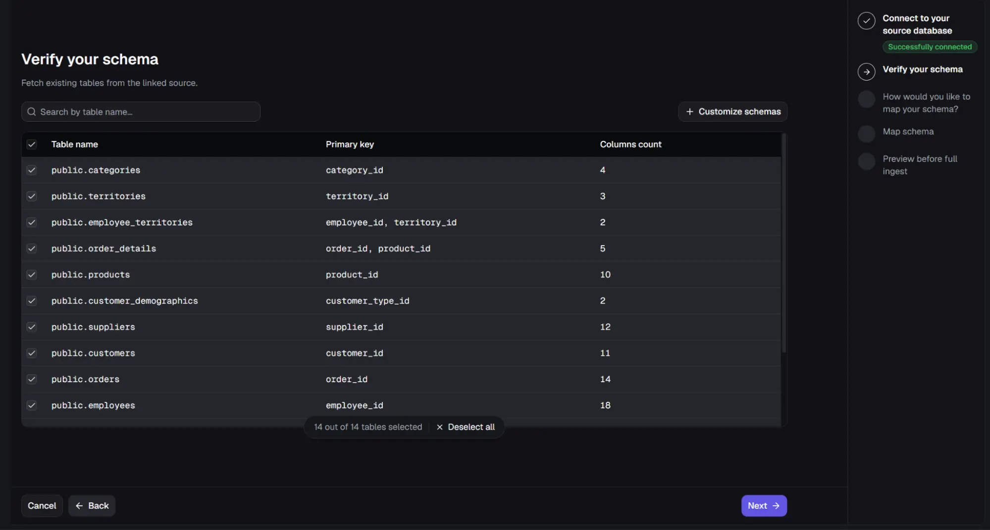 Schema verification step listing the discovered tables