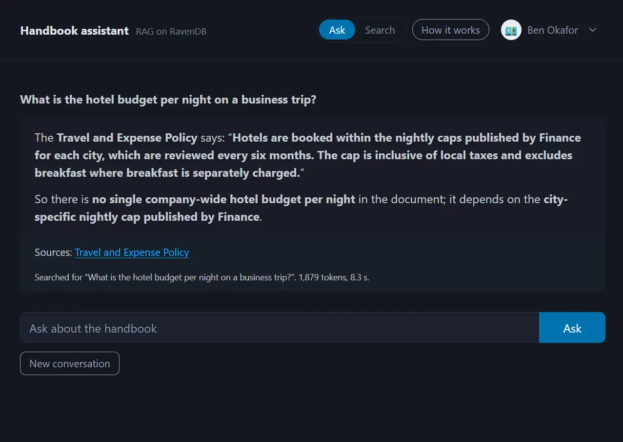 Handbook assistant sample answering a question about the nightly hotel budget, citing the Travel and Expense Policy