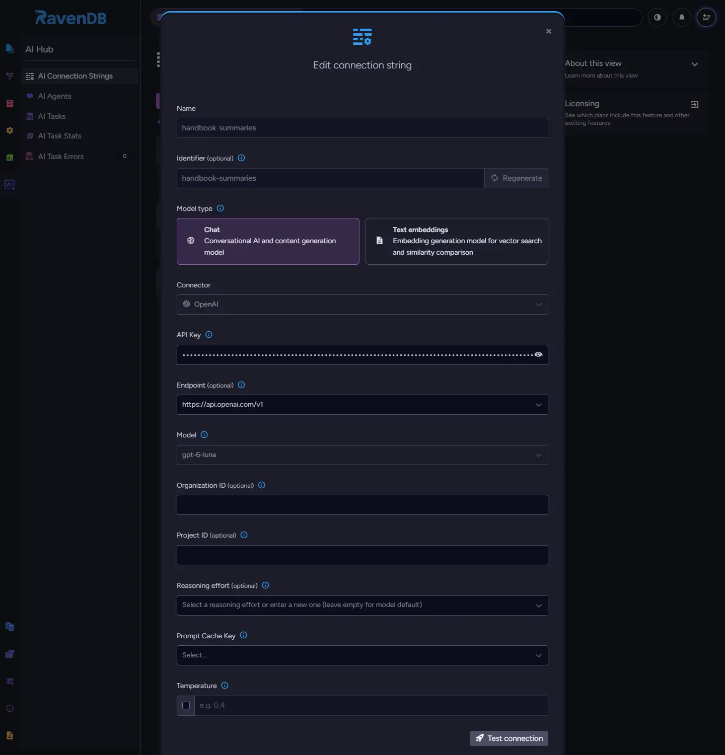 AI Hub Edit connection string dialog for the handbook-summaries chat connection string