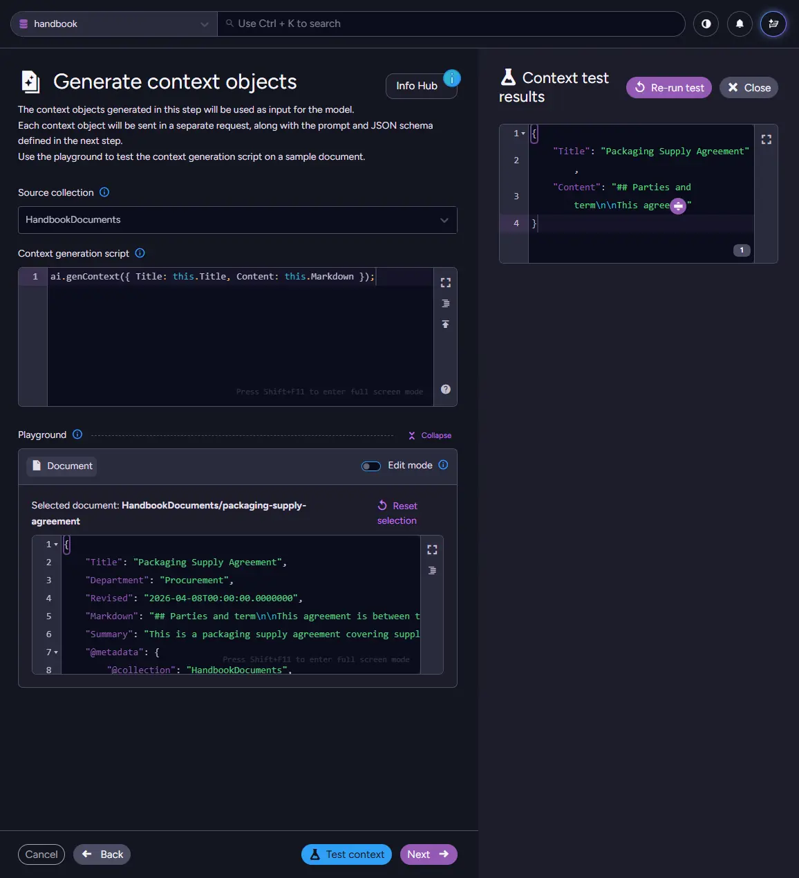 GenAI task wizard Generate context objects stage, with the context script and its test result