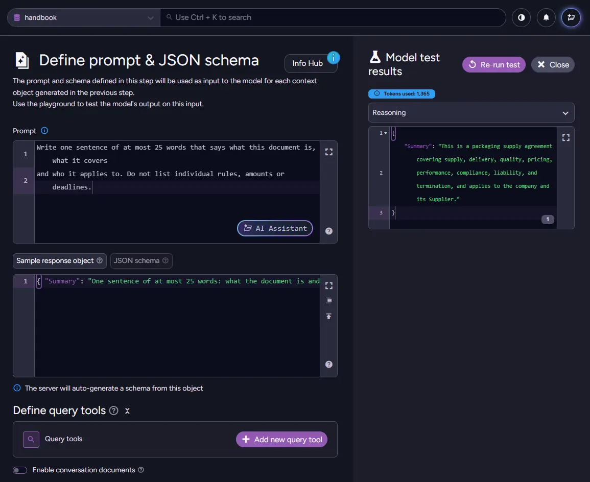 GenAI task wizard Define prompt and JSON schema stage, with the model test result