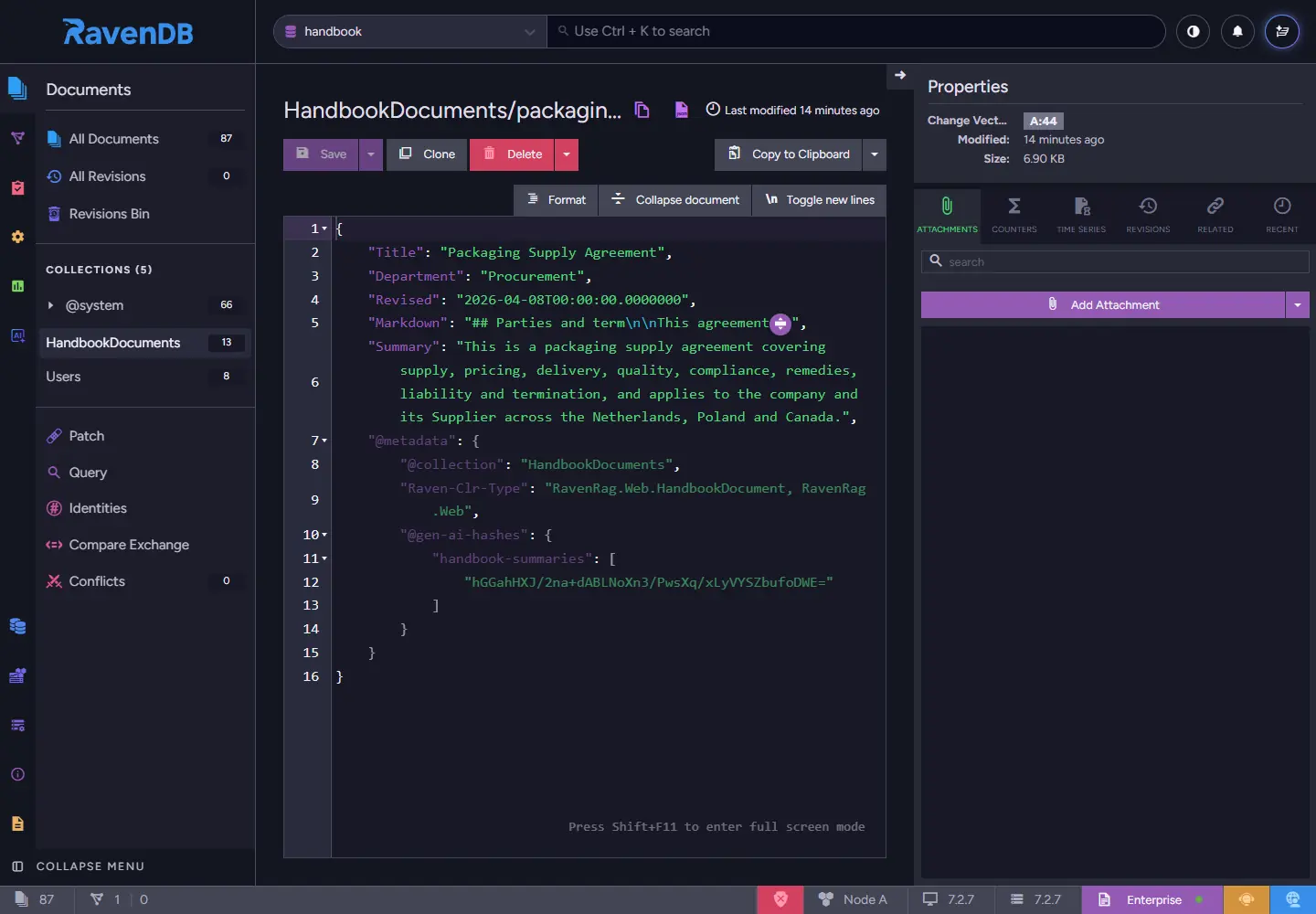 HandbookDocuments document in Studio with the generated Summary property and GenAI hash metadata