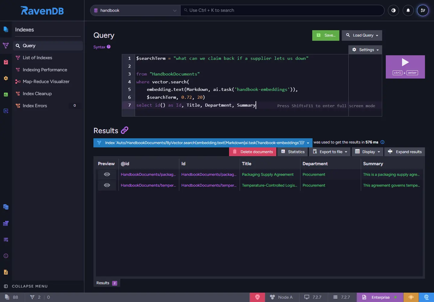 Studio query running a vector search that returns both supplier agreements