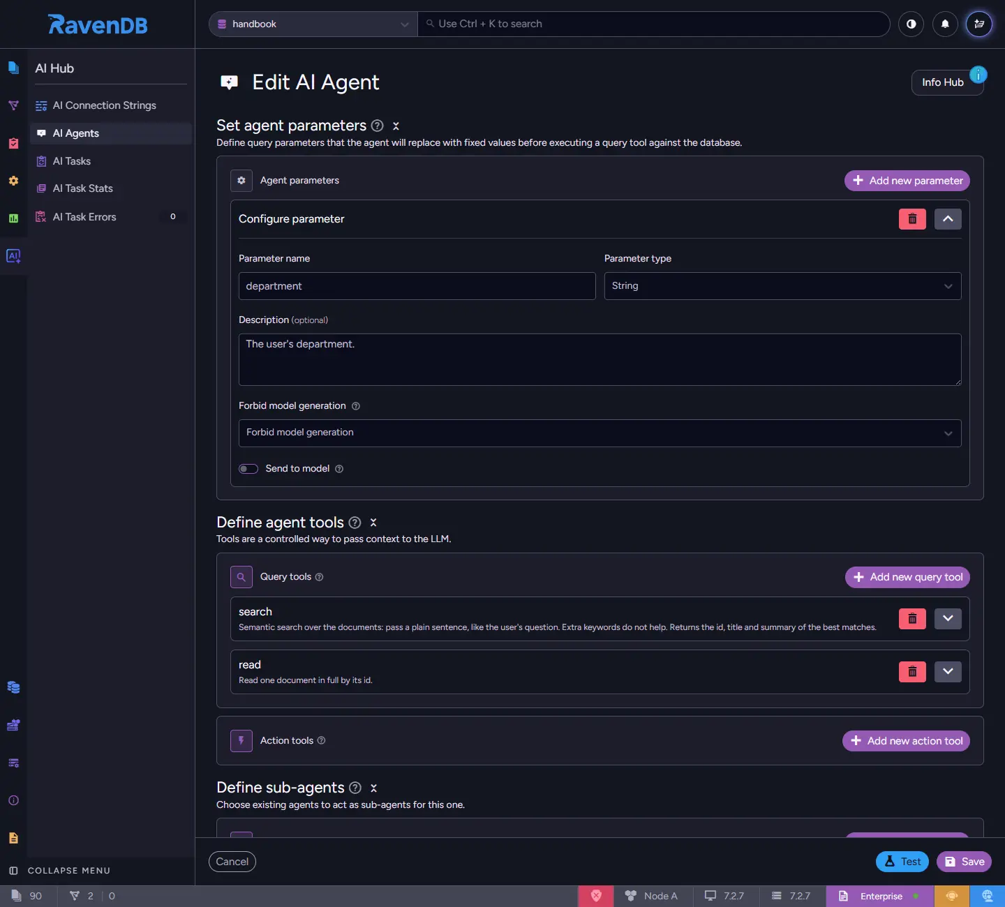 Edit AI Agent view with the department agent parameter and the search and read query tools