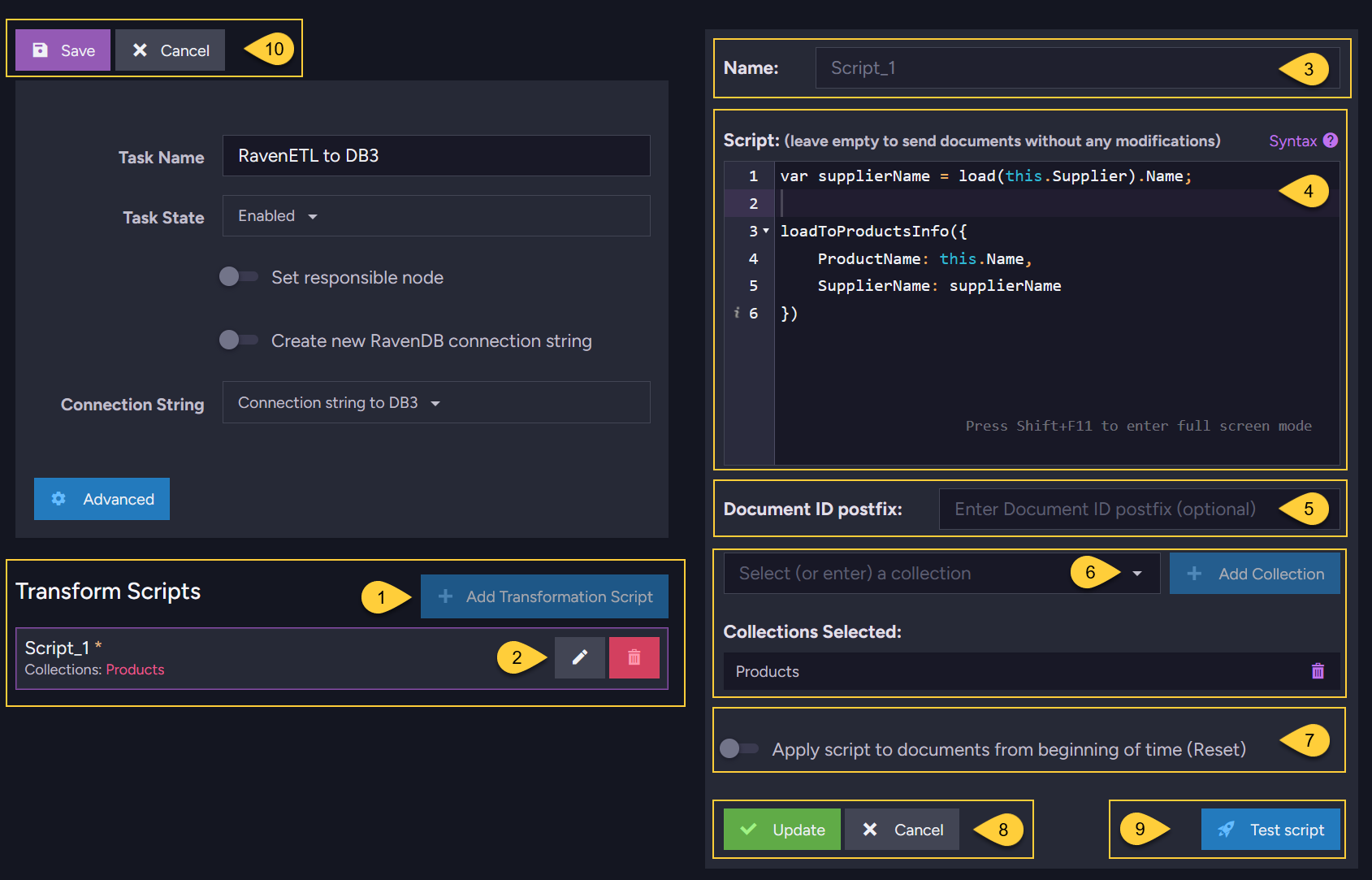 Figure 2. RavenDB ETL Task - Transform scripts