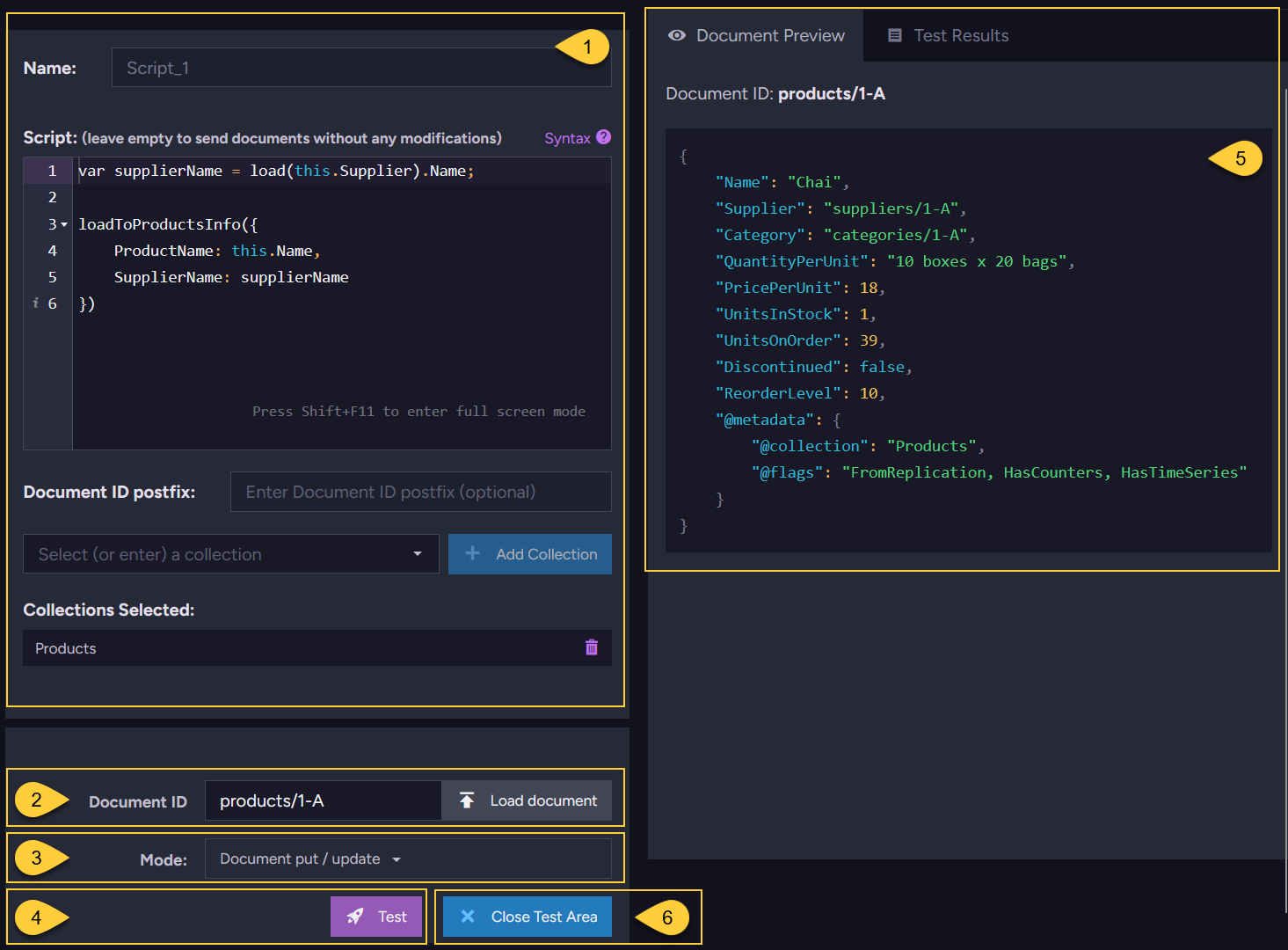 Figure 3. RavenDB ETL Task - Test script area - source document