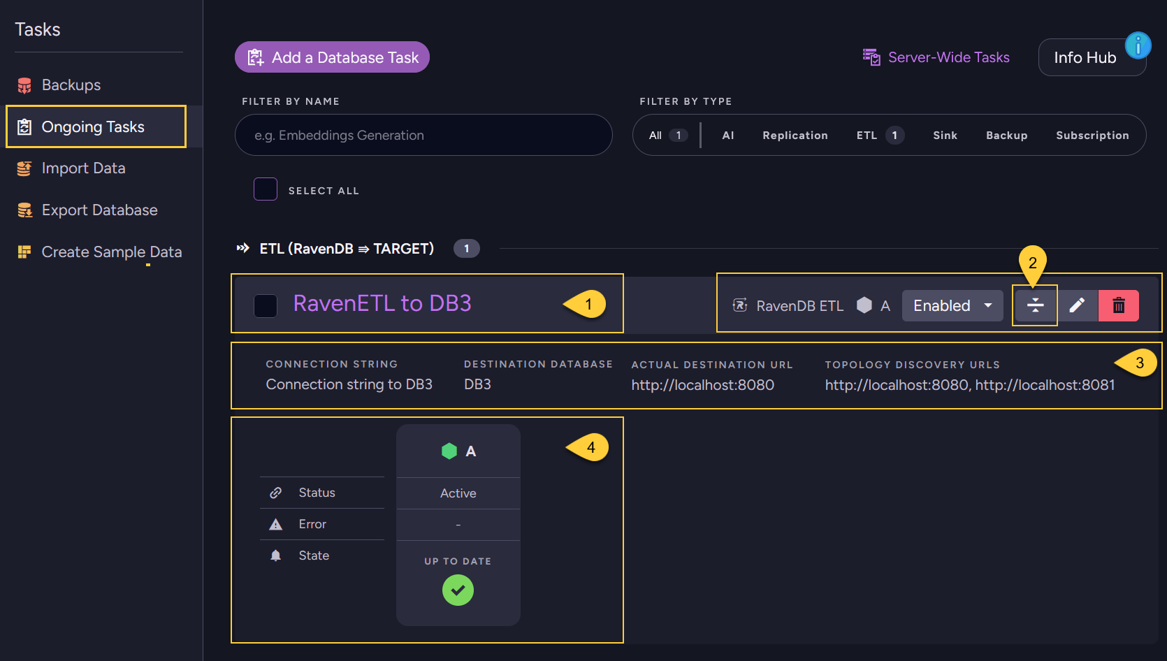 Figure 5. RavenDB ETL Task - Task list view