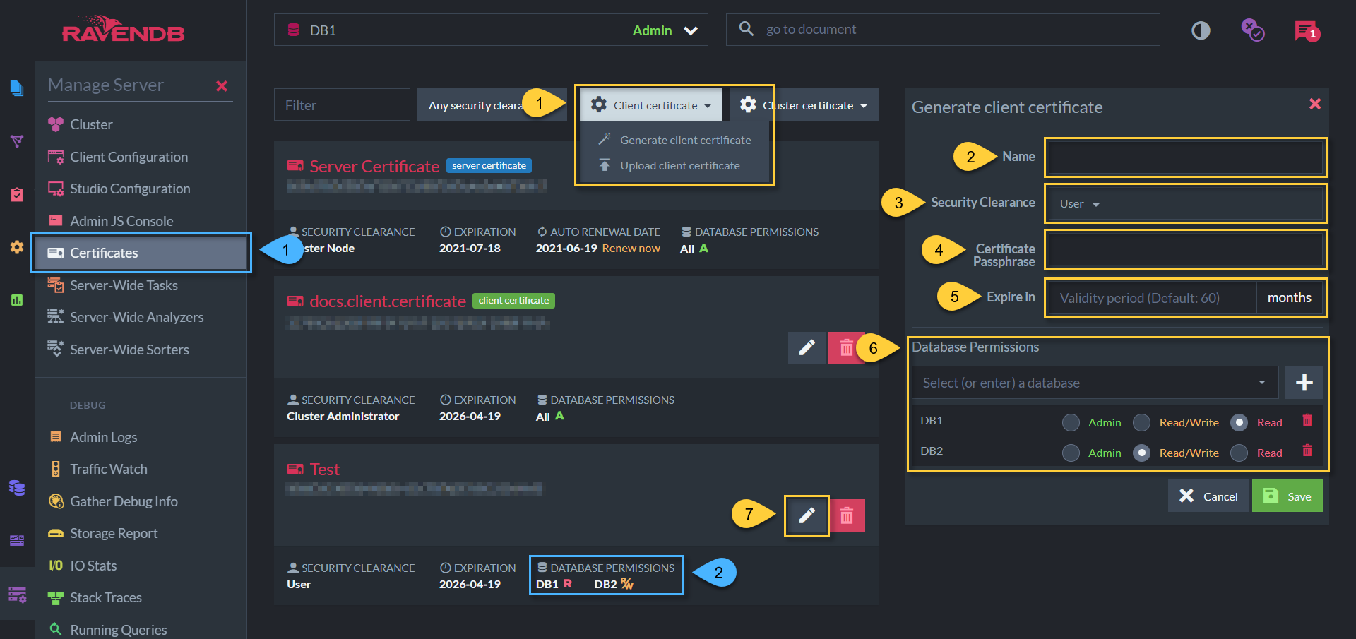 Certificates view