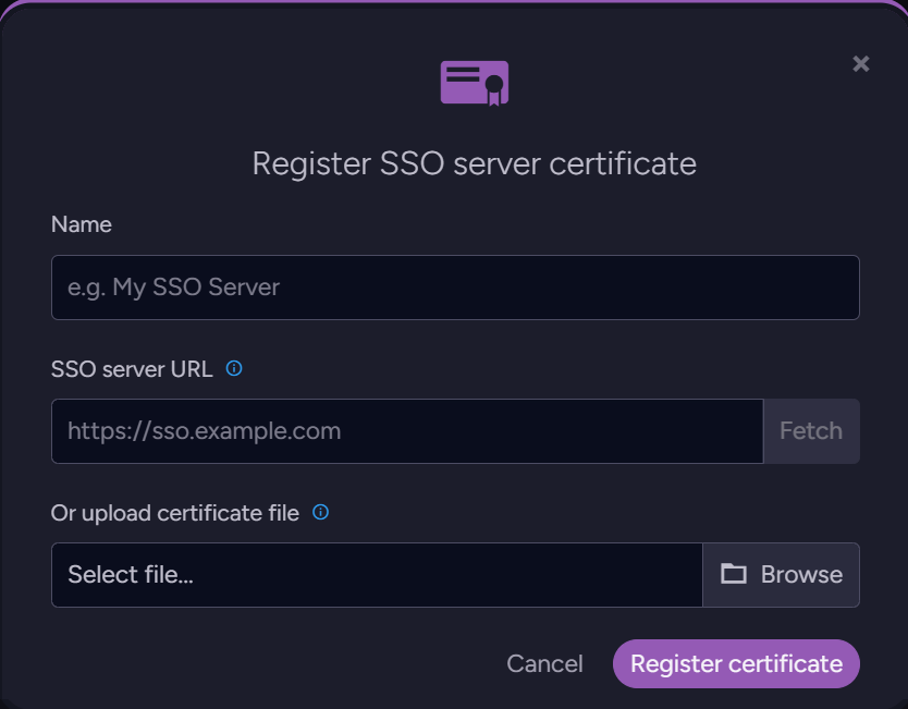 Register SSO server certificate dialog