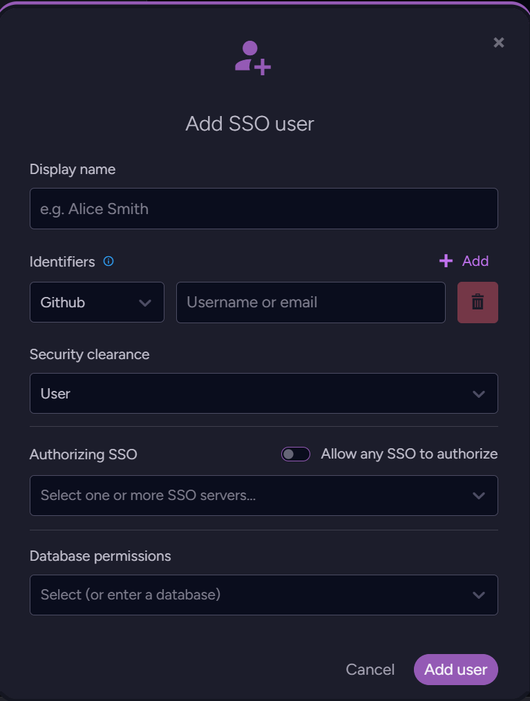 Add SSO user dialog